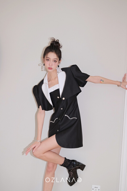 New in early summer! [Alala] minority Design Love collar silhouette short sleeved suit coat + little women's spell suit t1553# JJ