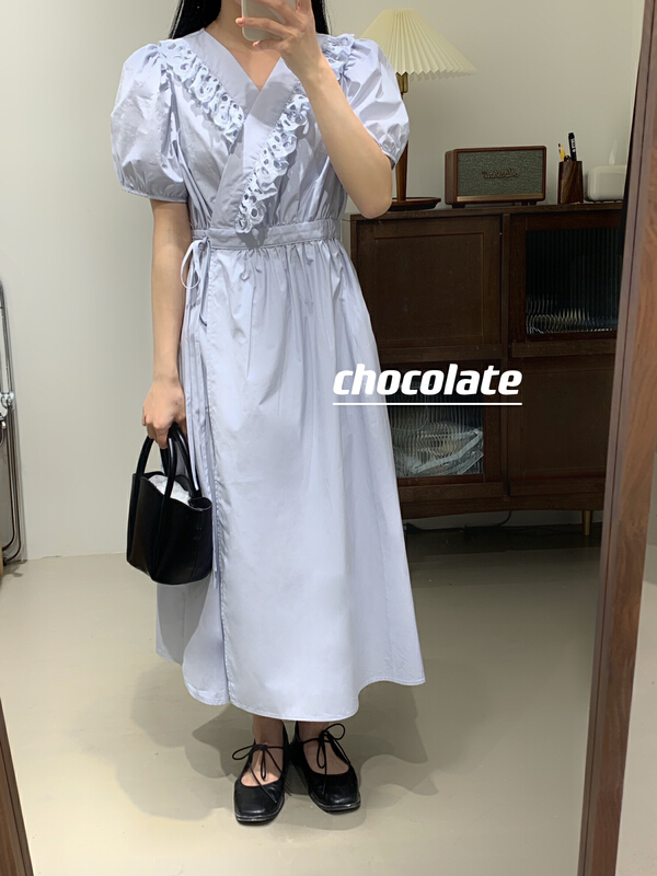 New in early summer! [chocolate] fashion V-neck lace up dress 28063# ll
