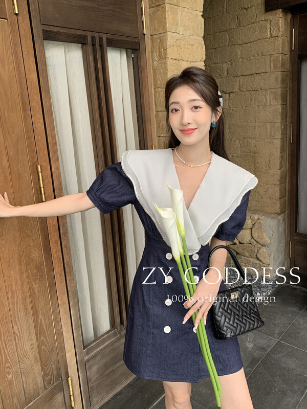 [ZY] French style Ruffle collar double breasted denim dress 68308# ozq