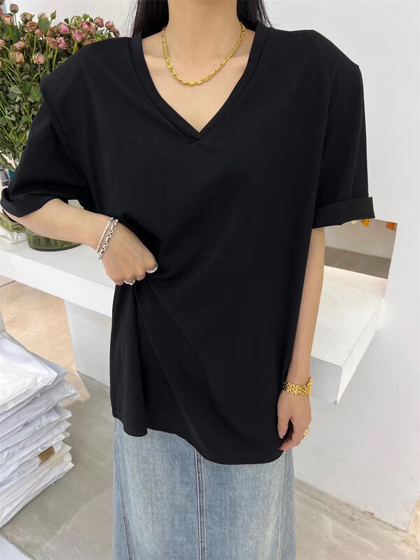 goods in stock! New in early summer! [VI. Liu Liu] Korean minimalist shoulder pad design Short Sleeve T-shirt 60183s# zxx