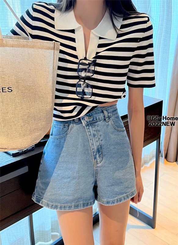 goods in stock! New in early summer! [66 home] Korean Short Polo neck stripe ice silk short sleeve T-shirt 6757# PCZ