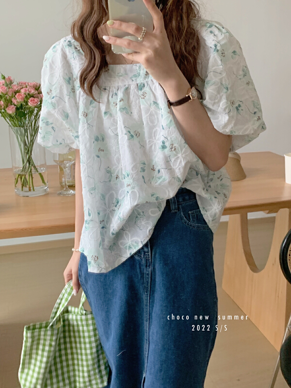 New in early summer! [choco] Korean style square collar Embroidered Floral Shirt 8234# HBx