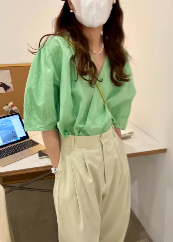 goods in stock! New in early summer! [sanbara] Korean V-neck bubble sleeve one button blouse y9290# LSW