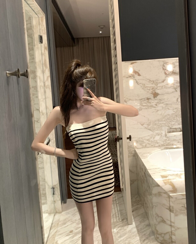 [smile baby] French sexy waist closing thin contrast stripe stitching dress b3098# WPL
