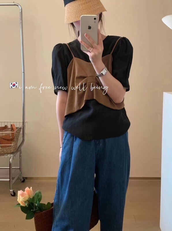 [free studio] Korean Ladies round neck clean color blouse + irregular short suspender set 2370# hjy