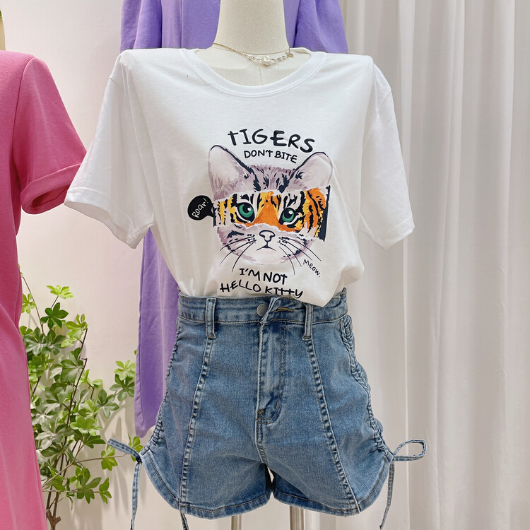 New in early summer! [miss Xi Xi] Kitty print short sleeve T-shirt 1351# Cl