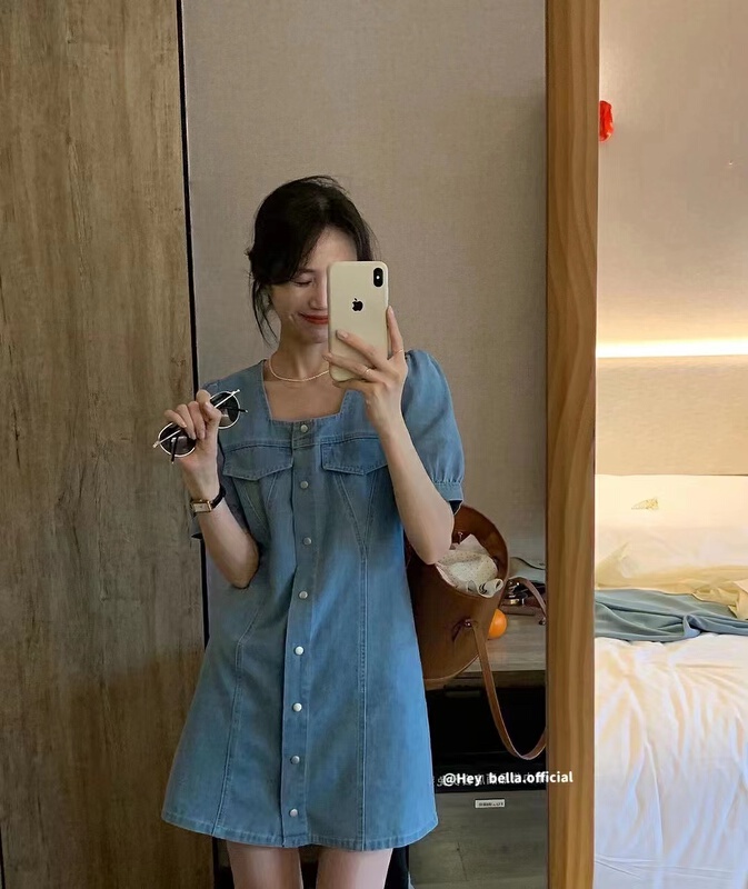 [hey Bella] square collar lady single breasted dress 2836# ll