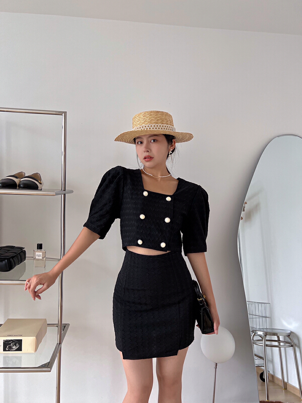 [Cr] Korean Erni short sleeved shirt + slim Hip Wrap Skirt Suit 6139# PCZ