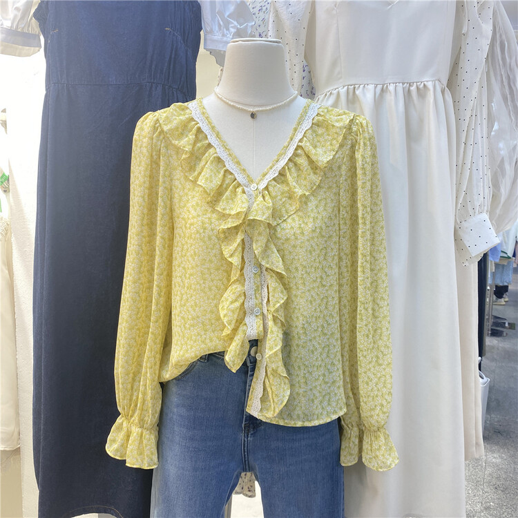 [thanku] Korean version floral Ruffle button up shirt 123\zsy
