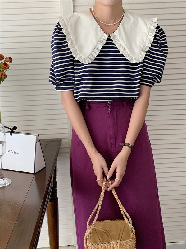 [m-canvas] sweet big Lapel stripe short sleeve T-shirt t8187# lwy