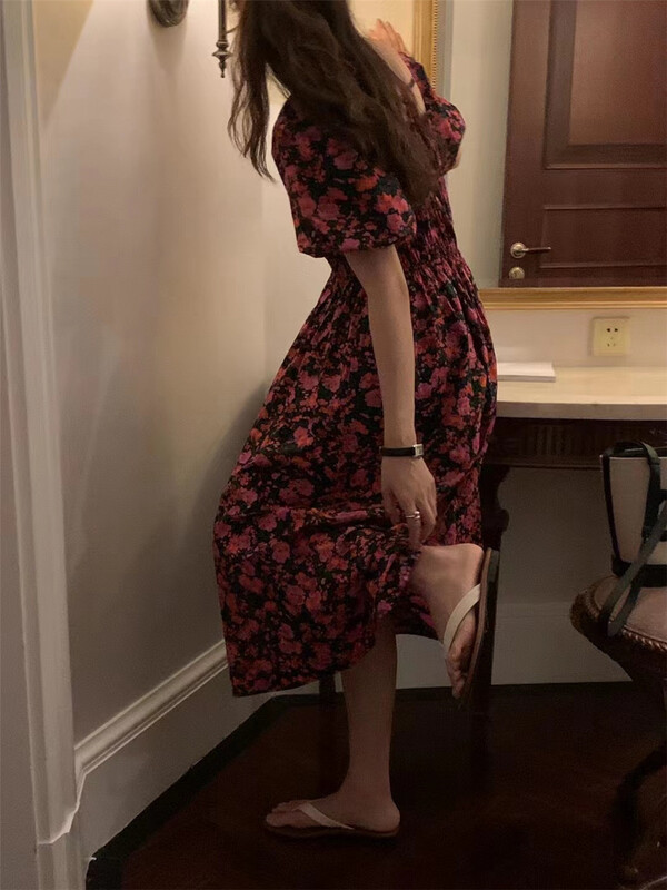 [thanku] Korean style square neck bubble sleeve floral dress 201# zjy