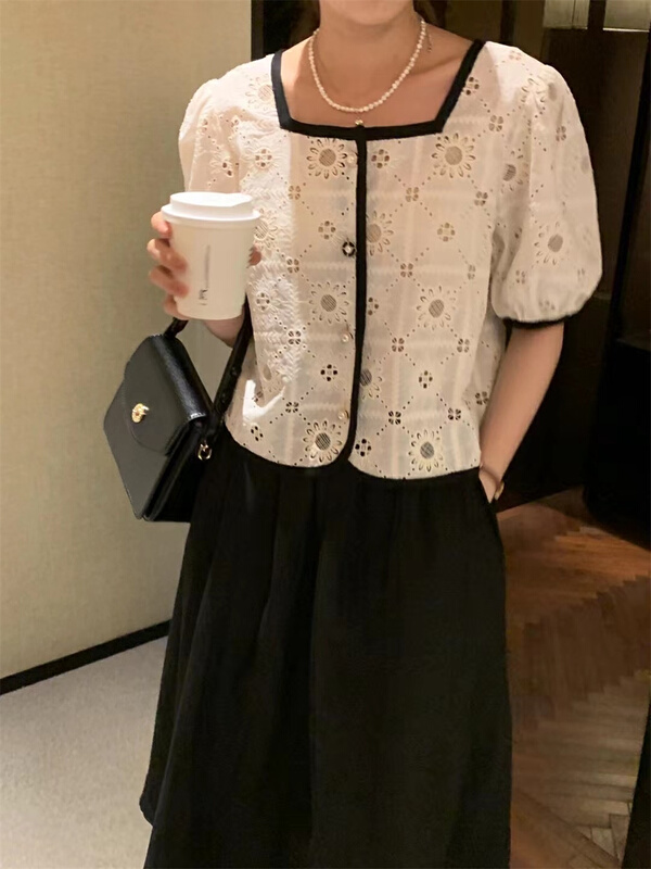 [buyer's selection] square neck elegant sunflower hollowed out shirt 5137# XJ