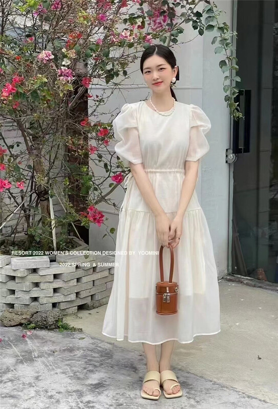 New in early summer! [enjoy · Yueji] French bubble sleeve round neck drawstring high waist mesh dress 8712# PCZ