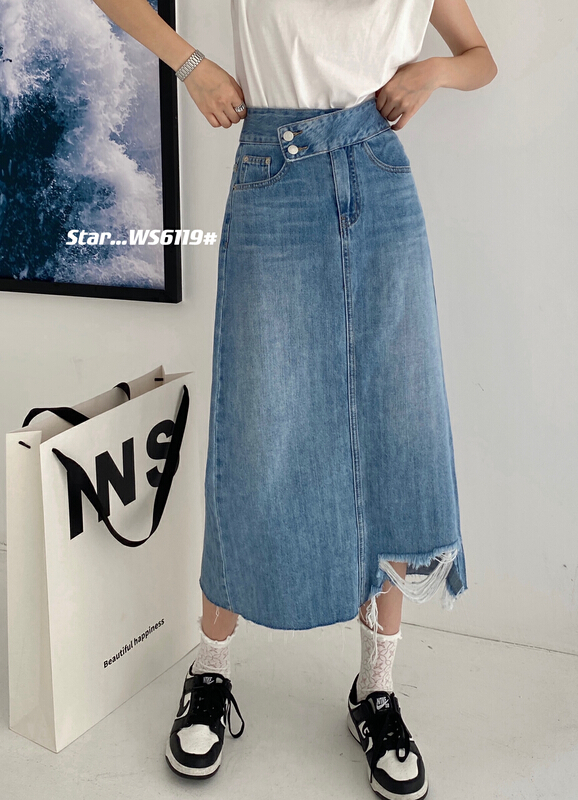 [star] featured double waist head irregular split denim skirt ws6119# CLS