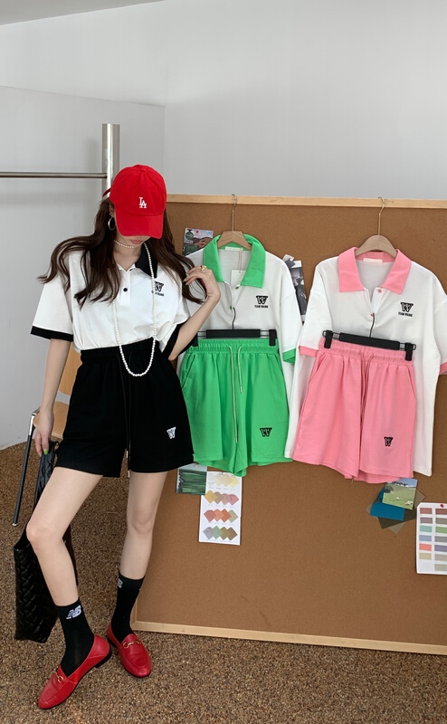 [our] three dimensional embroidery fashion comfortable short sleeved T-shirt + high waist slim casual Shorts Set 9786# LSW