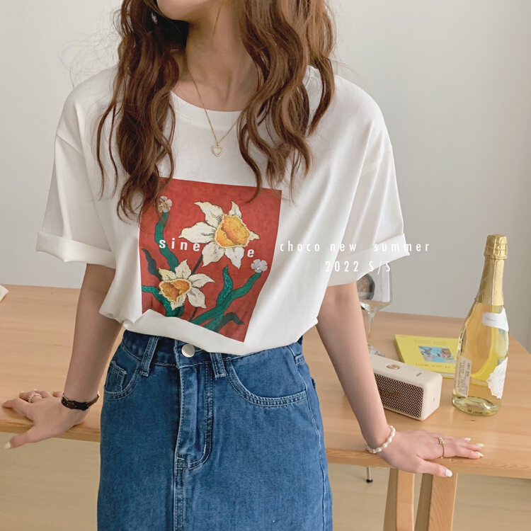 [choco] Korean heavy industry beads sunflower short sleeve T-shirt 8241# HBx