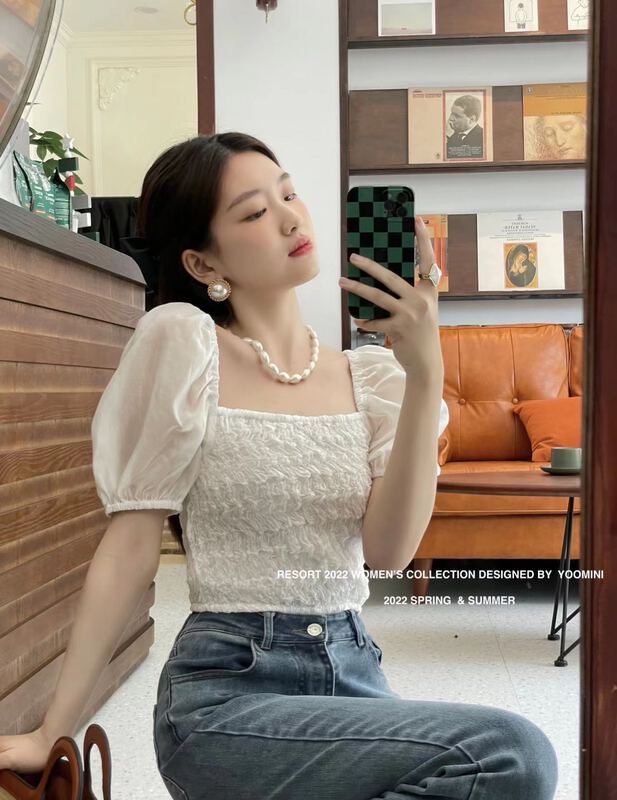goods in stock! [yoomini] lady temperament square neck short sleeved T-shirt c12230-r# WPL