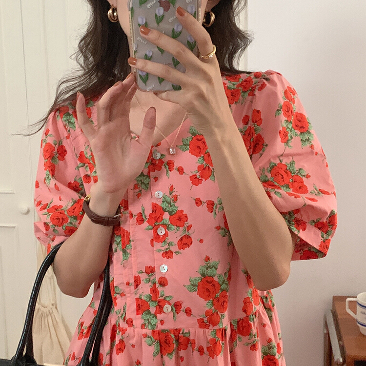 New in early summer! [timely rain] Han Feng ins retro gentle wind rose Printed Dress 55522# WPL