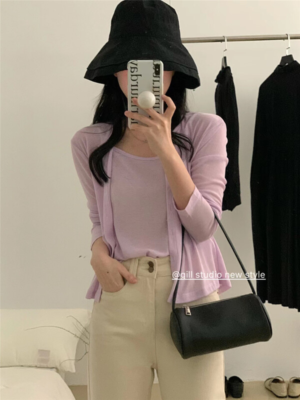 [gill] solid color suspender Vest + casual knitted cardigan two piece suit b3102# ZSY