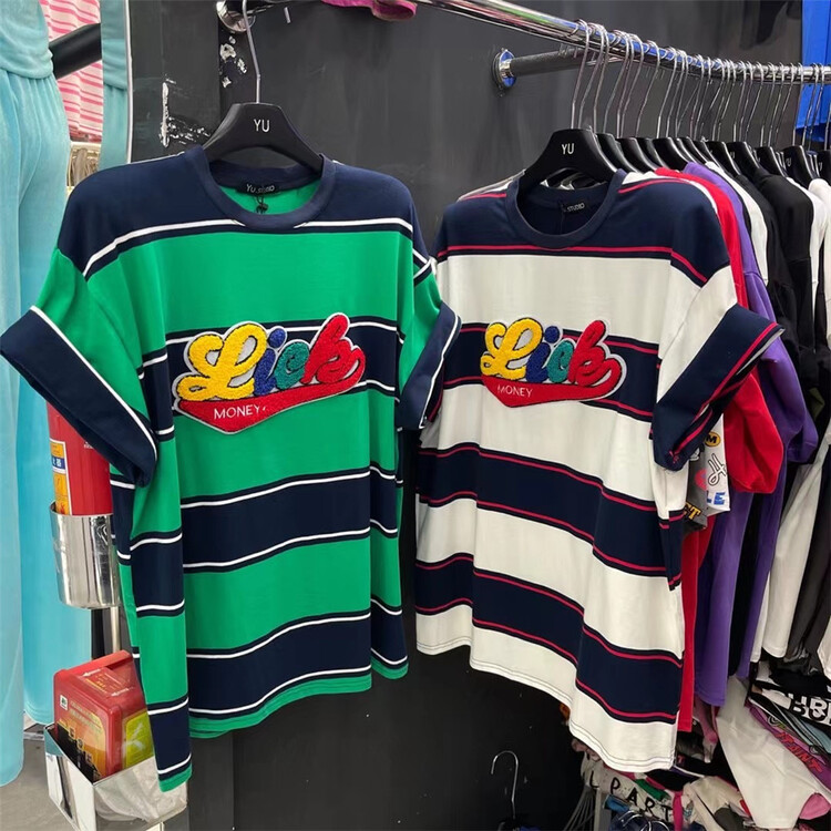 [Yu] personalized stripe flocking letter loose short sleeve T-shirt 5545# cqw