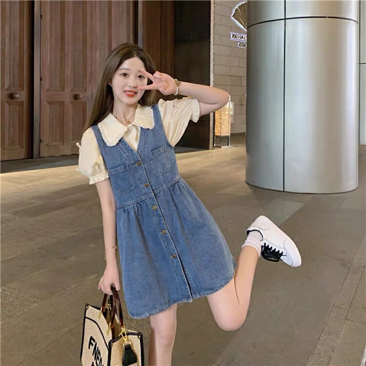 [jun.t] Lapel shirt + French retro V-neck denim strap skirt set 5753# PCZ