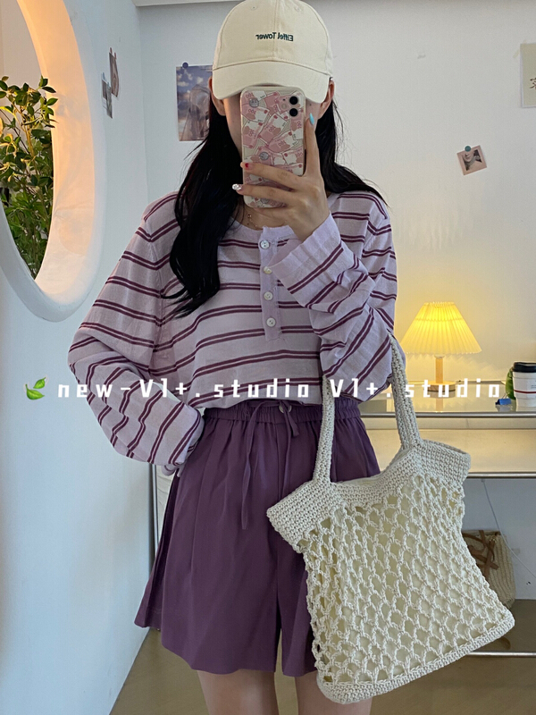 [VI +] crew neck stripe versatile sunscreen shirt l136# LSW