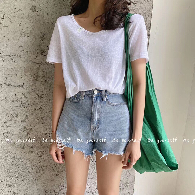 [be your self] Korean versatile U-neck lettered short sleeve T-shirt 6691# LSL