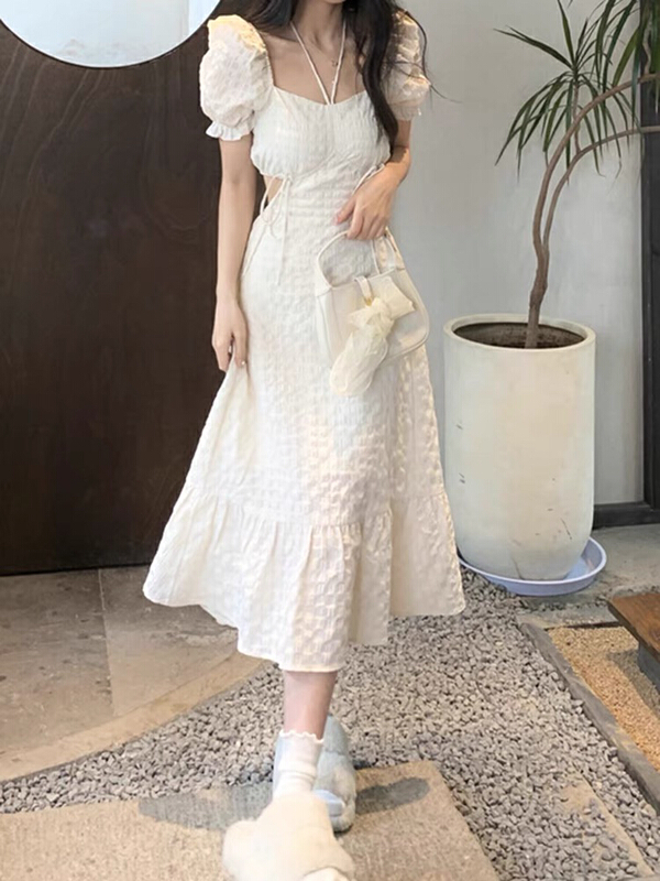 [Huaxi] square neckline backless white slim dress (dress only) 8982# PCZ