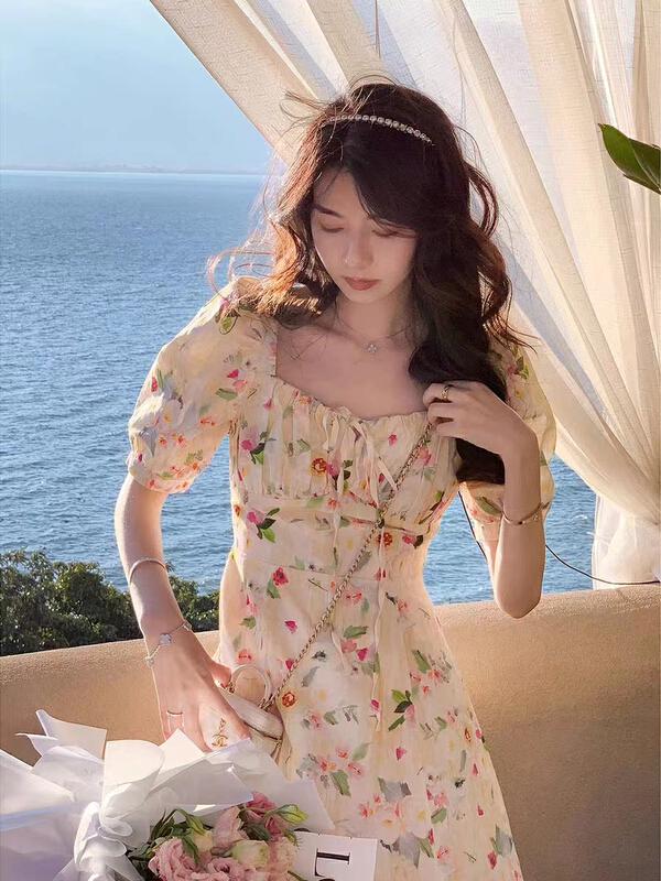 goods in stock! [are studio] French square neck printed split dress 9851# WPL