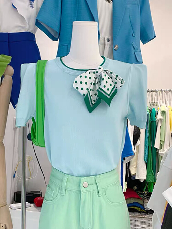 [neeko] lady temperament high-grade silk scarf lace up neckline thin Knitted Blouse (only selling blouses) 8063# PCZ