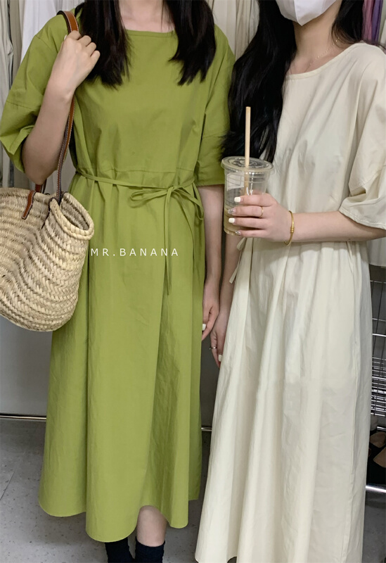 [mr.banana] round neck lady dress (with belt) 1163# L