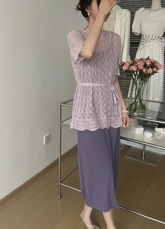 [sunshine] solid color hollow out medium length sweater + solid color suspender skirt two-piece suit (with waist rope) 30166# cqw