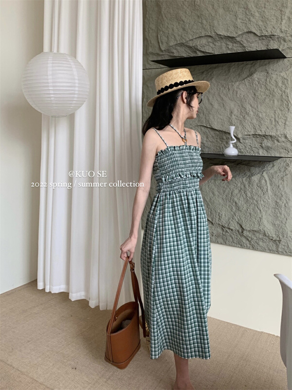 New in early summer! [kuose kuser] fashion Vintage Plaid suspender dress 89662# WPL