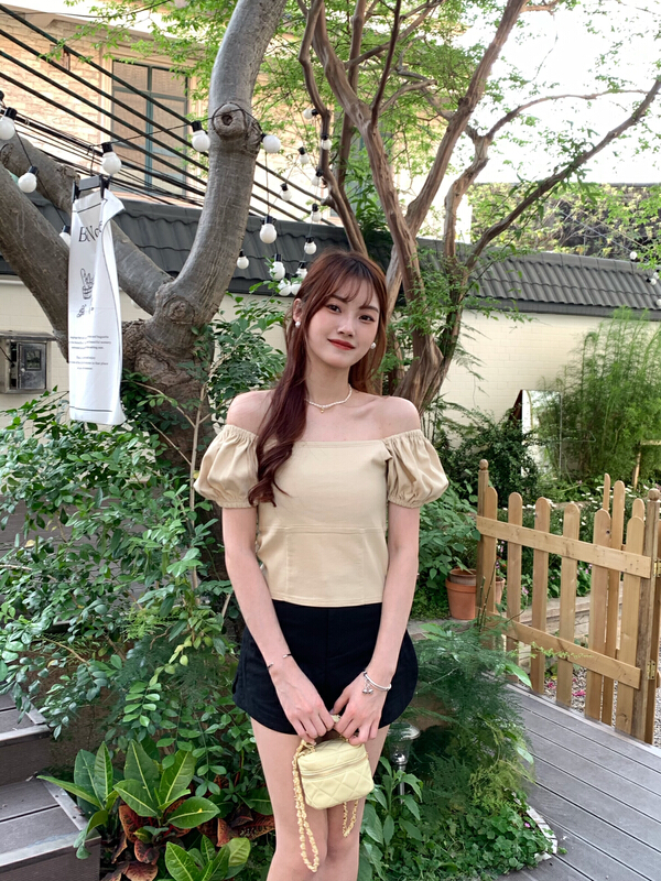 New in early summer! [as] square neck bubble sleeve small waist shirt 2201# hjy