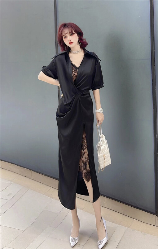 New in early summer! [Milan] Lapel slit dress + SEXY LACE SLING set 60721# JJ