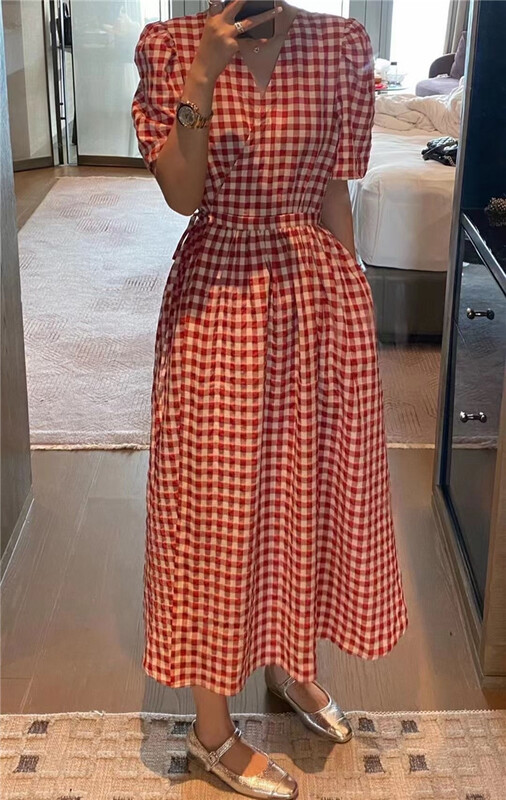 New in early summer! [the most] V-neck fashion Plaid Dress 8831# HBx