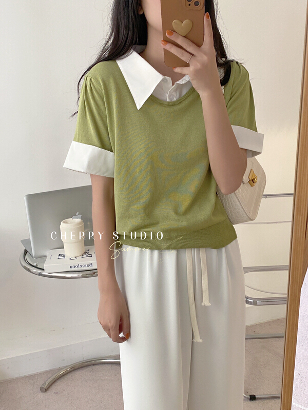 New in early summer! [cherry studio] color blocking versatile simple fake two-piece sweater 5201# HBx