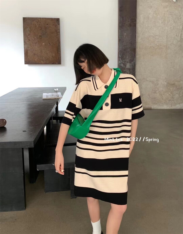 [mint tea] Korean Polo contrast stripe dress 22069-1# zjy