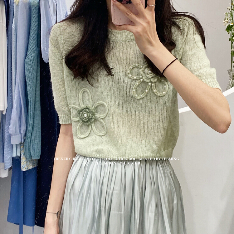 goods in stock! New year in early spring! [teem ing] French design sense knitted flower short sleeve warm sweater 22t120# hjy