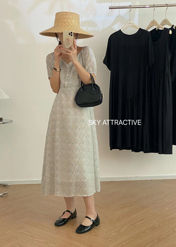 [sky] broken flower pleated Korean dress 89016# HBx