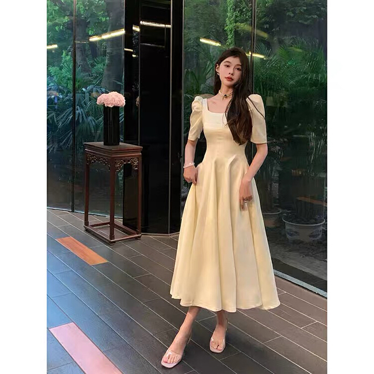[jun.t] French Vintage Hepburn style square neck bubble sleeve dress 5910# PCZ