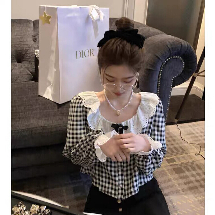 New year in early spring! [L.L studio] lady lotus leaf collar Plaid blouse (with detachable bow) 7096# PCZ