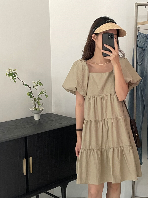 [clean space] Korean style square neck bubble sleeve dress 31831# CLS
