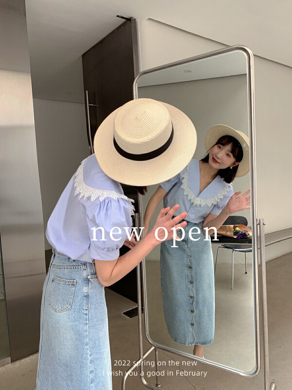 【NEW OPEN】高級感娃娃領格子小眾泡泡袖小衫  KY22508#  ZXL