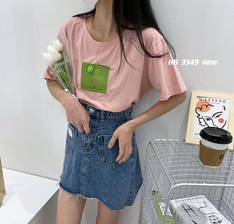 New in early summer! [HH] simple casual small fresh flower print short sleeve T-shirt 3349# L