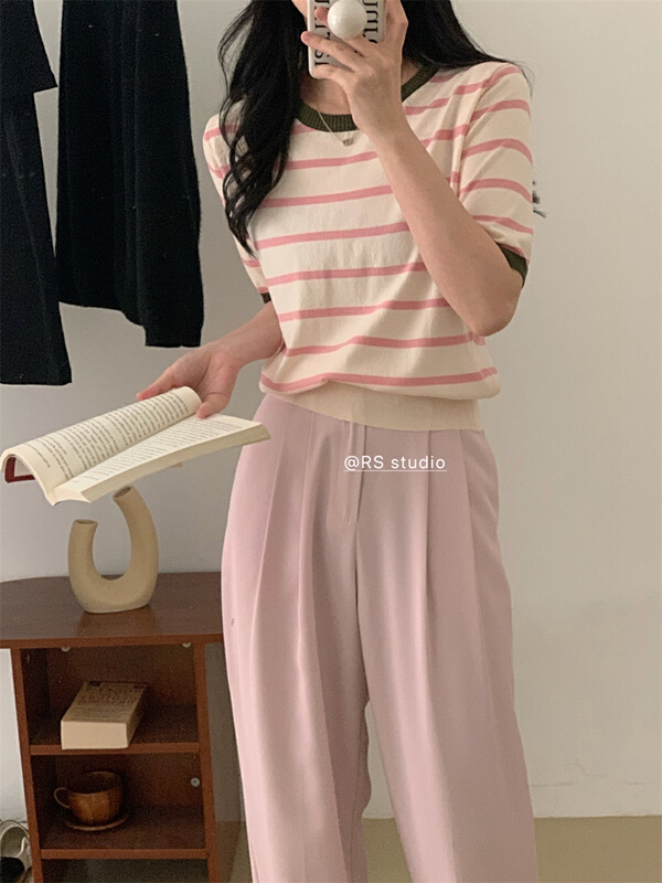 New in early summer! [RS] Korean round neck striped sweater m2001# XYY