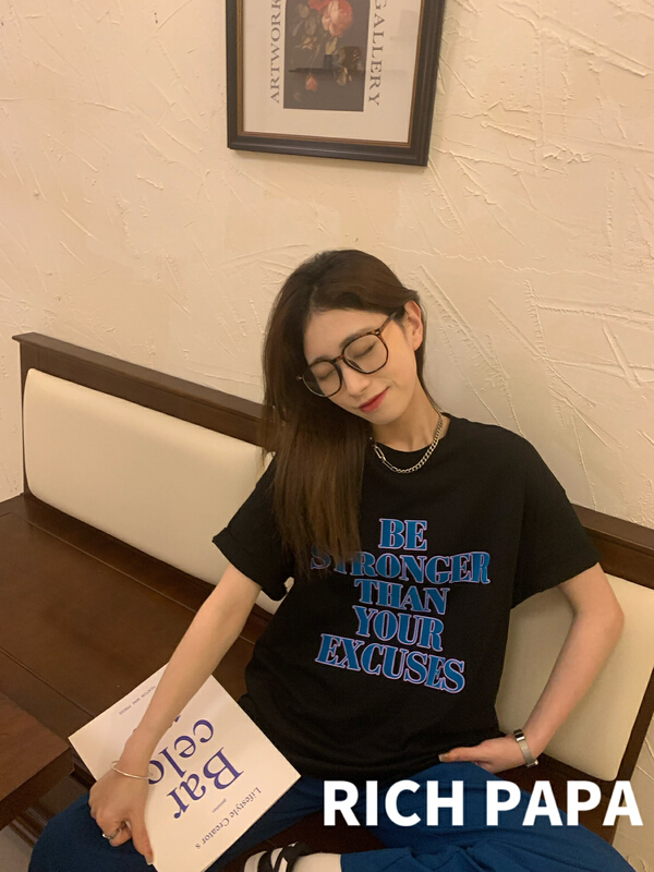 New in early summer! [rich Papa] American retro lettered printed loose short sleeve T-shirt t243# zxx