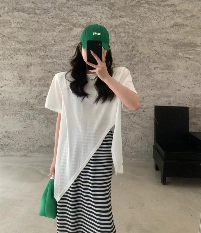 [3. Three point] Korean version solid color slit design Short Sleeve T-shirt 7186# cqw