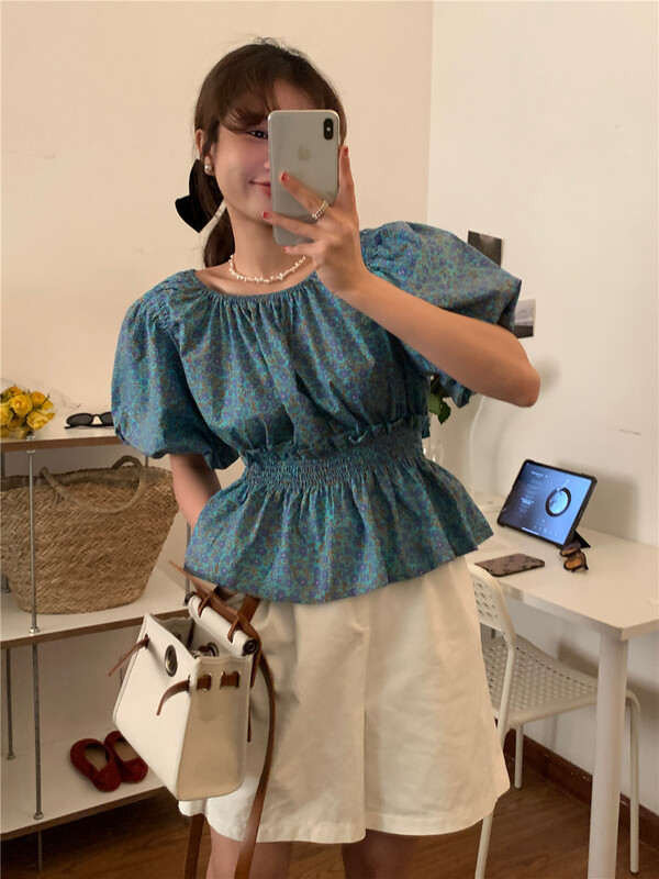 [more free] floral pleated short sleeved shirt 609# lwy