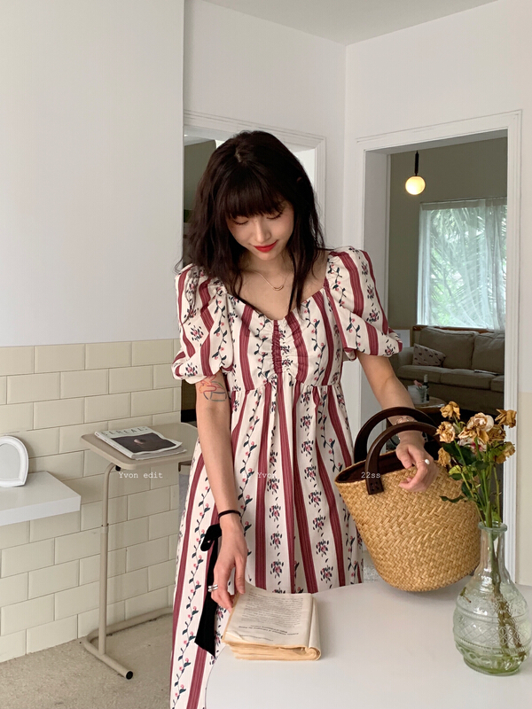[Yiwan y.von] retro French floral design bubble sleeve dress 8177-1# XJ